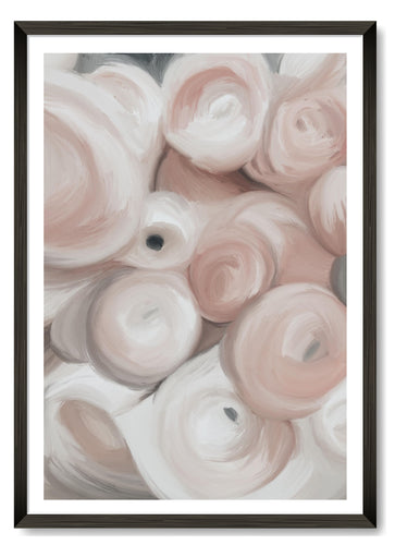 abstract painted pretty pink blush flowers displayed in a black frame, bedroom wall art print 